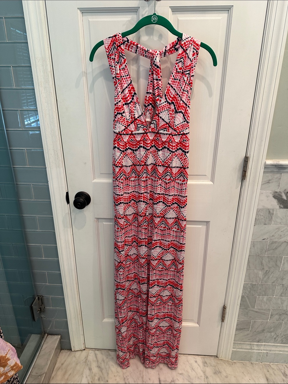 Women's Red & White Geometric Maxi Dreaa Sleeveless Summer Dress